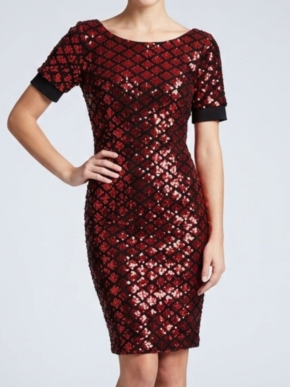 SHEIN Black & Red Sequin Geometric Wiggle Bodycon Dress Sz M 6